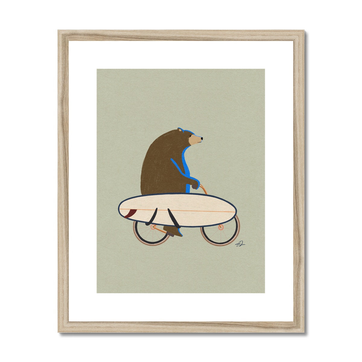 Grizzly riding a bike with a surfboard Framed & Mounted Print