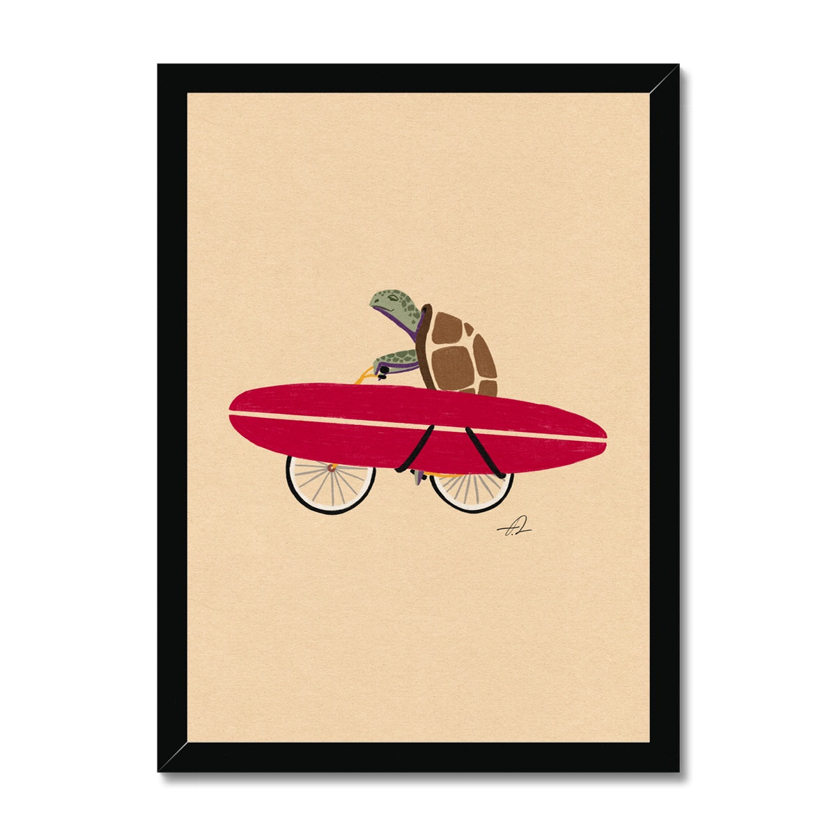 A turtle riding a bike with a surfboard Framed Print