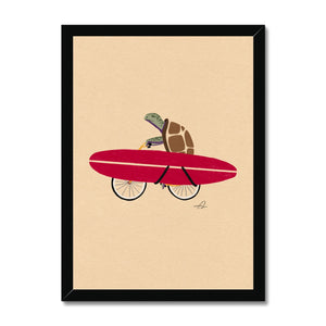A turtle riding a bike with a surfboard Framed Print