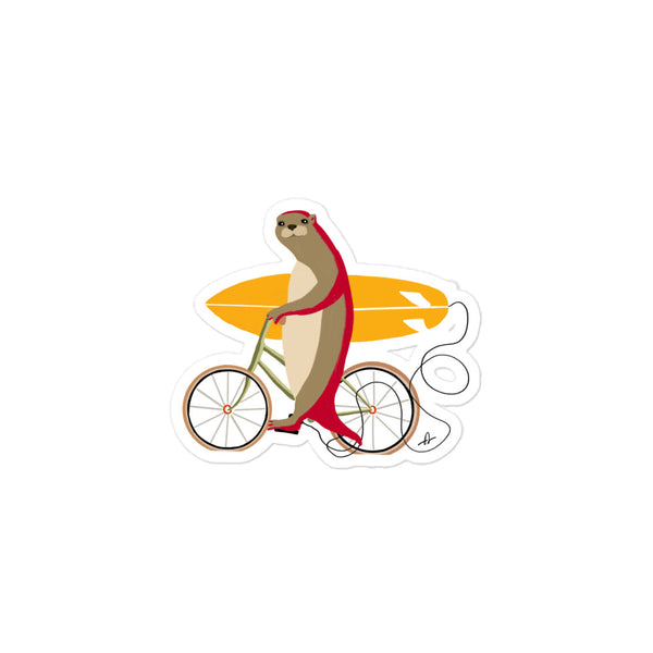 An otter riding a bike holding a surfboard sticker