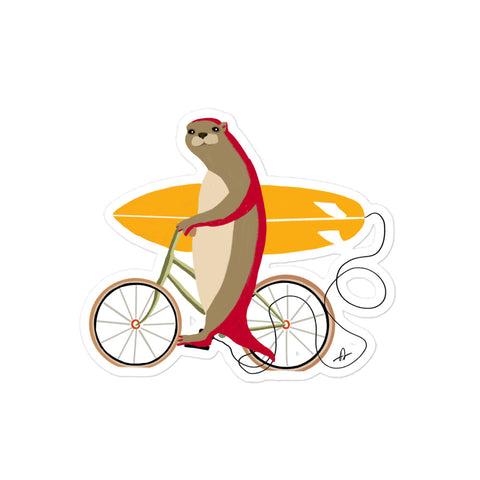 An otter riding a bike holding a surfboard sticker