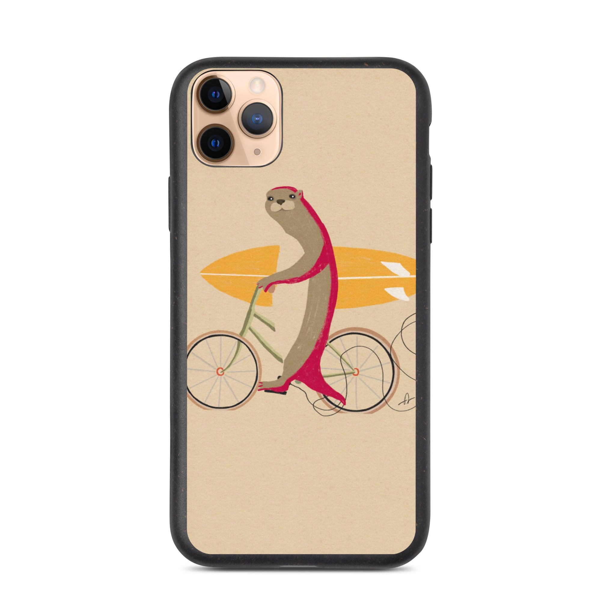An otter riding a bike holding a surfboard iPhone case