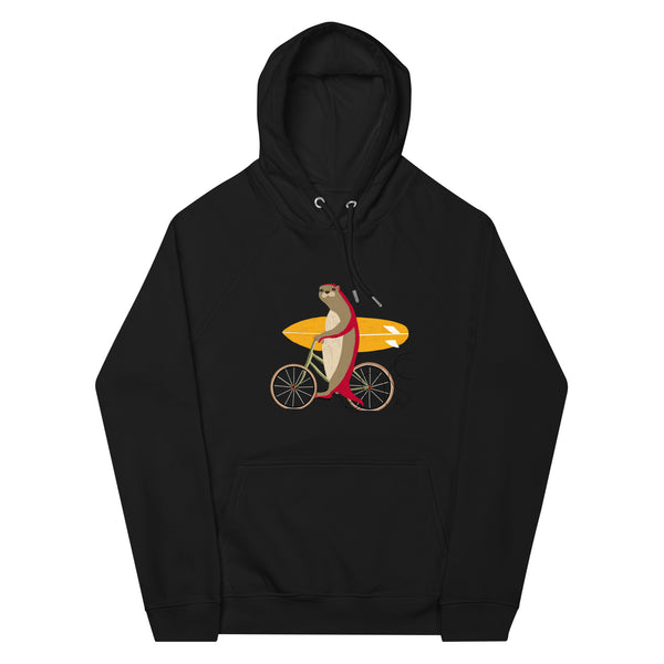 Otter on a bike holding a surfboard Unisex eco raglan hoodie