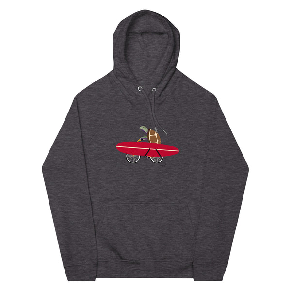 Seaturtle riding a bike holding a surfboard Unisex eco raglan hoodie