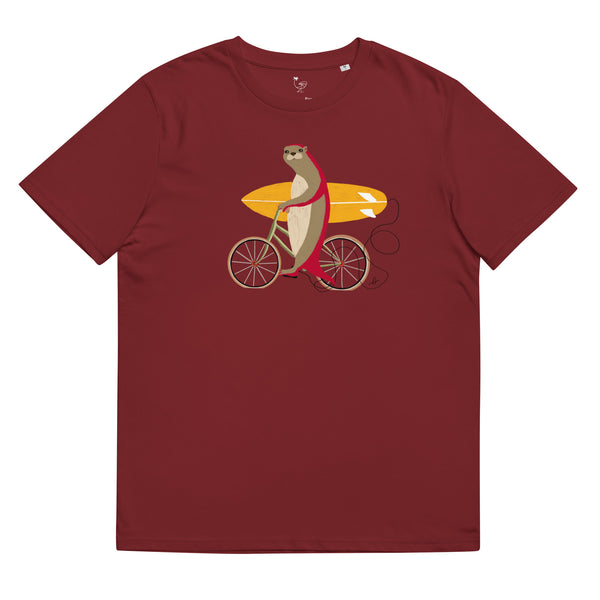 An otter riding a bike holding a surfboard Organic Tee