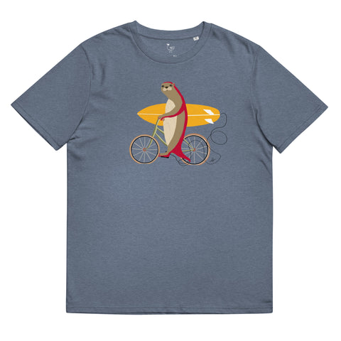 An otter riding a bike holding a surfboard Organic Tee