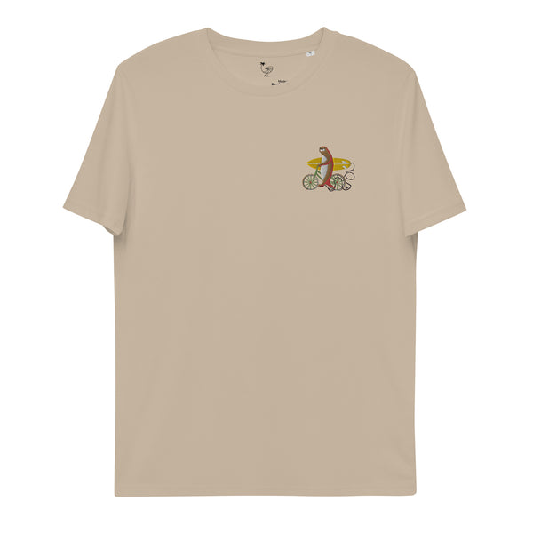 An otter riding a bike Organic Embroidery Tee