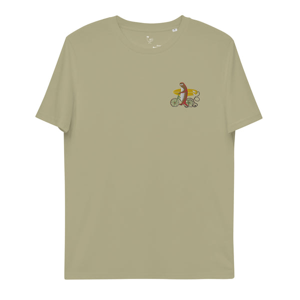 An otter riding a bike Organic Embroidery Tee