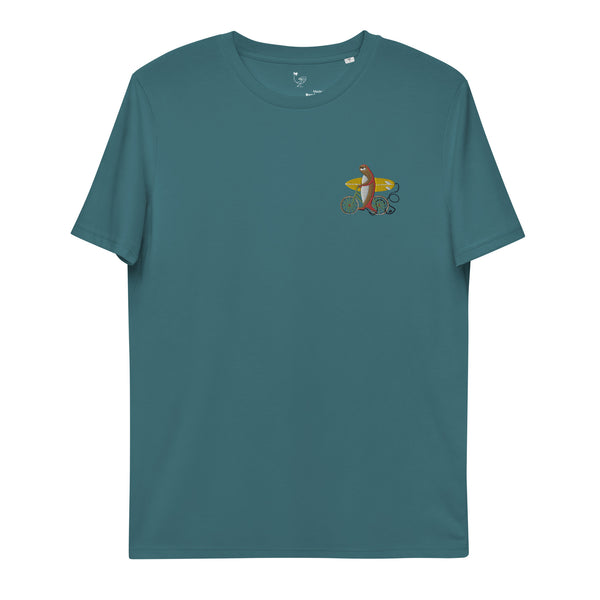 An otter riding a bike Organic Embroidery Tee