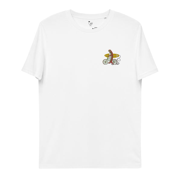 An otter riding a bike Organic Embroidery Tee