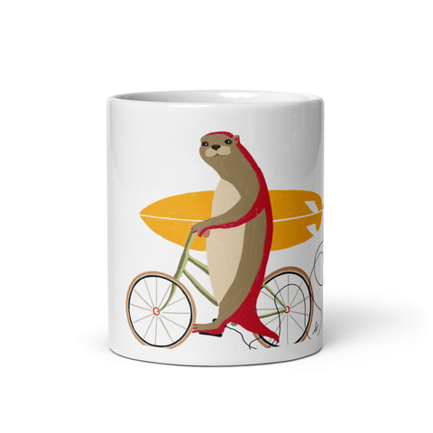 An otter riding a bike holding a surfboard mug