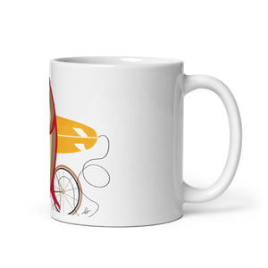 An otter riding a bike holding a surfboard mug